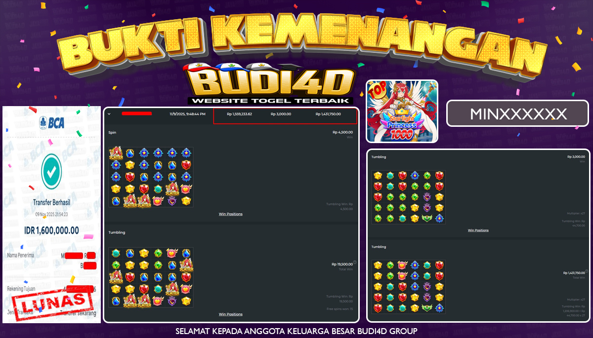 BUDI4D JACKPOT USER ID : MIN**** SLOT PRAGMATIC PLAY ( Starlight Princess 1000 ) Rp.1.600.000,- LUNAS